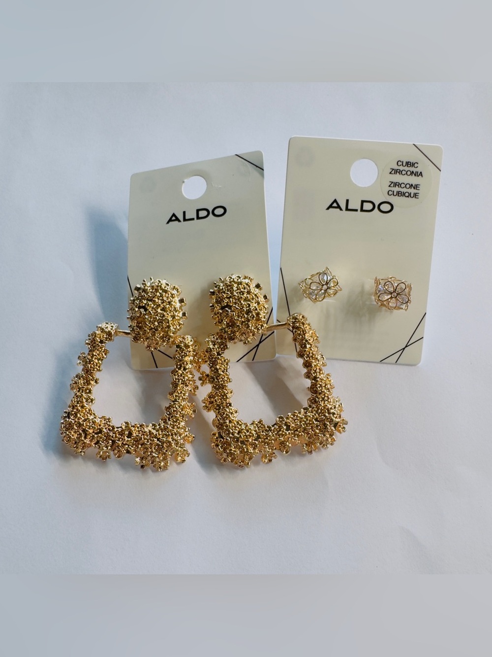 ALDO Gold Textured Cluster Square Hoop & Floral Stud Set